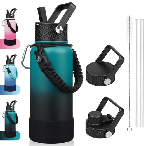 Image of BJPKPK 32oz Insulated Water Bottle with 3 Lids, Straw Lid & Handle | BPA-Free 18 /8 Stainless Steel Bottle with Leak-Proof Lids, Paracord Handle & Removable Silicone Boot for Gym, Hiking, Travel