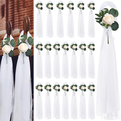 DIYDOFUN 20 Sets Wedding Aisle Decorations 39.4 Inches Artificial Silk Rose Flowers with Long Tulle Tails for Church Pew Chair Bench Ceremony Reception Party Bridal Shower Arrangements - Champagne