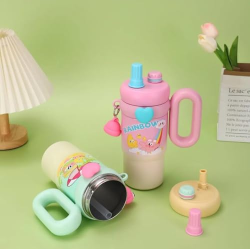 Image of Fancy Kitchen Cartoon Kids Tumbler - 850ml Stainless Steel Double-Walled Travel Mug - Leak-Proof, BPA-Free with Straw - Perfect for School & Outdoor Use. (Rainbow Pink)