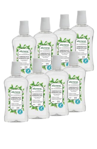 alkmene Enjuague bucal protector contra caries con menta de agua orgánica, vegano con 6 capas de protección sin alcohol, siliconas, parabenos, aceite mineral, PEGs, SLS, SLS, en paquete de 8 unidades