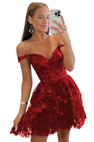 Off Shoulder Sequin Homecoming Dresses 2025 Tiered Lace Short Prom Dress for Teens Sparkly Cocktail Party Gown
