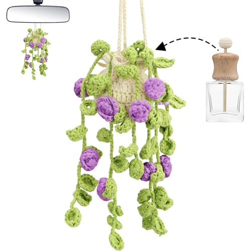 Image of Crochet Car Air Freshener Hanging, Cute Rear View Mirror Accessories Car Fresheners for Women, Handmade Car Hanging Accessories Car Air Freshener Diffuser, Purple Rose