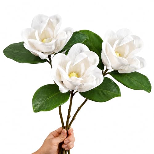 The Left Bridge 3 Stems Faux Magnolia Flowers Magnolia Fake Flowers Real Touch Creamy White Southern Magnolia Stems Artificial Realistic Faux Florals for Vase