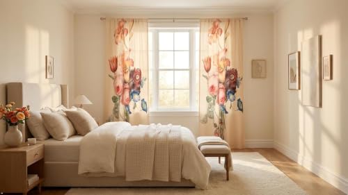 Image of Floral Printed Window Curtain for Living Room & Bedroom | Premium Polyester Door Curtain | Elegant Flower Design Drapes | Light Filtering Home Decor Curtain | Cream Multicolor (2 Pcs)