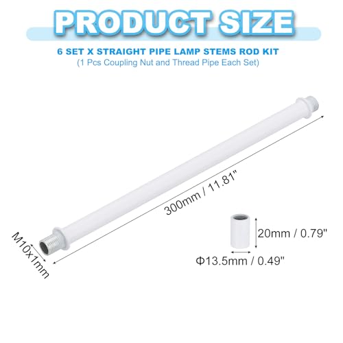 Image of PATIKIL Straight Pipe Lamp Stems Rod Kit, 6 Set M10 Carbon Steel 300mm(11.81 inch) Long Double End Thread Rod with Coupling Nuts Sleeve Connector for Table Lamps Chandeliers, White