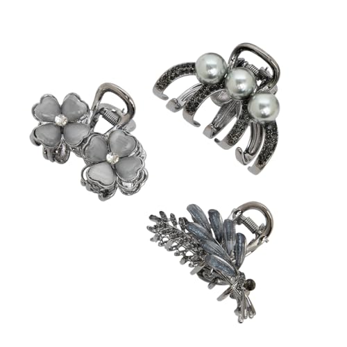 Image of Radhu & Kabby Hair Clips for Women | Stylish Mini Claw Clips | Elegant Floral, Pearl & Leaf Design Clutchers | Durable & Strong Grip | Metallic Grey Hair Accessories | Set of 3