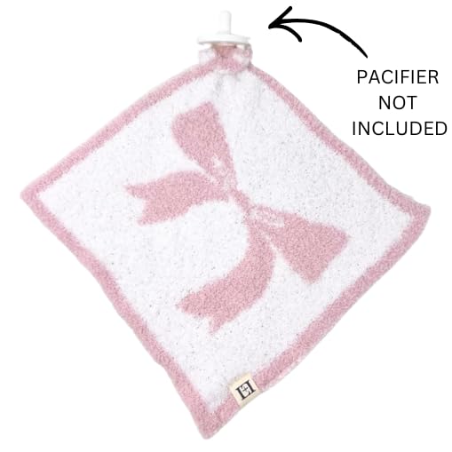 Image of L+L USA Bow Baby Lovey Pacifier /Teether Holder 10 inchx10 inch - DreamSoft Plush Fluffy Cuddly Soothie Reversible Mini Comfort Blanket - Cute Girly Newborn Gift Essential for Babies Girls (Pink /White)
