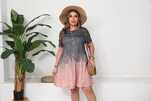 Image of Plus Size Vacation Dress for Women Short Sleeve Summer Beach Sundress with Pockets Loose Fit Knee Length Swim Cover up 3X Tie Dye