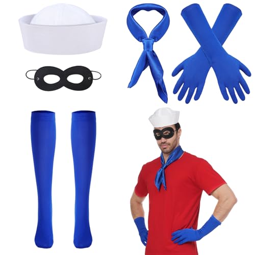 EchoElce 5 PCS Halloween Sailor Costume Accessories Include Sailor Hat Blue Scarf Gloves Socks Eye Mask for Women Men Halloween Party Cosplay