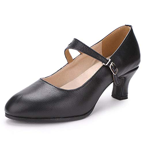 Zapatos De Baile Latino para Mujeres Punta Redonda Tacones Medio-Altos Bombas De Baile,Negro,EU34/US4.5/UK1.5 Cover