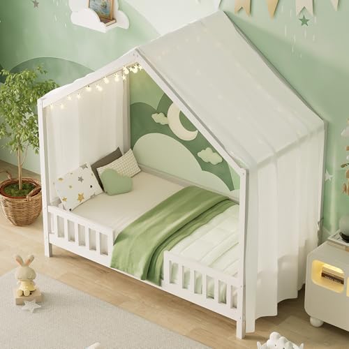 Image of Bellemave Twin House BedFrame with Canopy, Montessori Floor Bed, House Bed with Rails for Kids, White