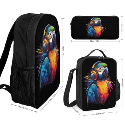 Parrot Wearing Headphones Large Travel Backpacks Carry on Backpack Weekender Bag with 2 Storage Pockets for Men And Women2