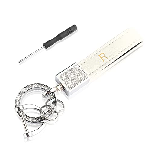 Leather Keychain Bling Keychain for Women Anti-Lost D-Ring Car Keychain Fashion Rhinestone Purse Charms for Handbags (White)