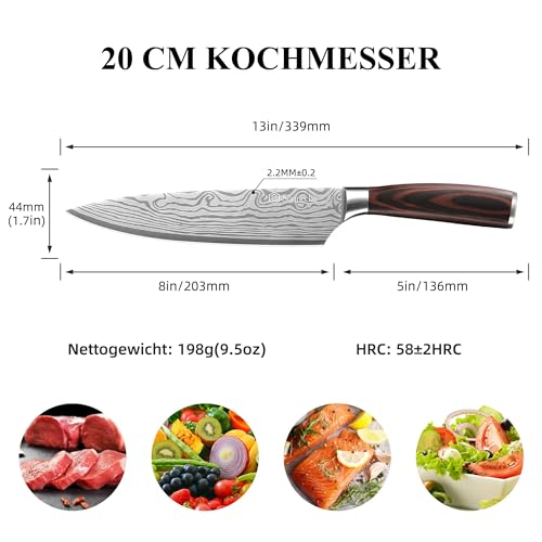 Sunnecko 20cm Messer Küchenmesser Kochmesser - Küchenmesser Profi Messer Scharfes Chefmesser...