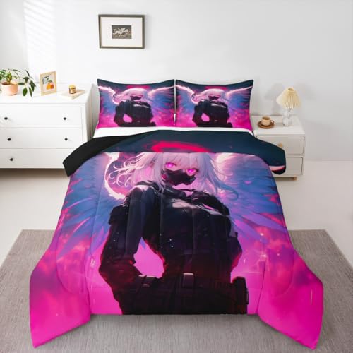 Image of Erosebridal Anime Girl with Wings Bedding Queen Size for Girls Adults, Kids Japanese Virtual Reality Comforter Cartoon Poster Style Duvet Set for Boys Teen Bedroom Decor with 2 Pillowcases