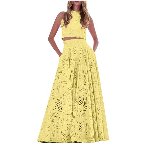 HGps8w Womens 2 Piece Outfits Boho Lace Hollow Crop Halter Tank Top with Maxi Skirts Trendy Vacation Sets with Pockets