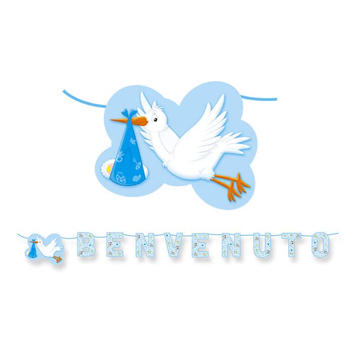 FESTONE Maxi scritta BENVENUTO Celeste Azzurro in carta con Cicogna - 600x25cm - ghirlanda decorazione - per decorazioni addobbo tavola per feste, party NASCITA bimbo bambino