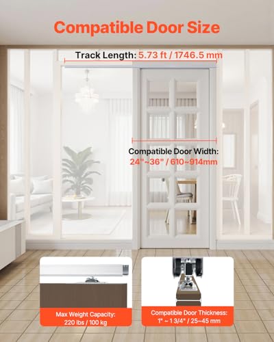 Image of VEVOR Sliding Pocket Door Hardware Track Kit, 5.73ft Heavy Duty Pocket Door Hardware Kit, Commercial Grade Pocket Door Hardware and Track Set for 24 inch-36 inch Wide Single Door, Smoothly and Easy to Install