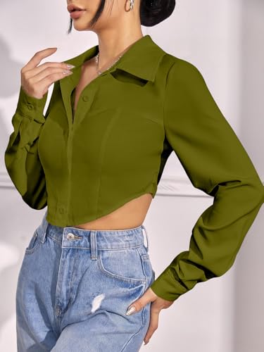Image of GRECIILOOKS Women`s Oversized Fit Crop Top Shirt | Casual Long Sleev Stylish Collared Shirts for Womens | Comfortable Rich Korean Button Down | Formal Look Stylish Trendy Shirts