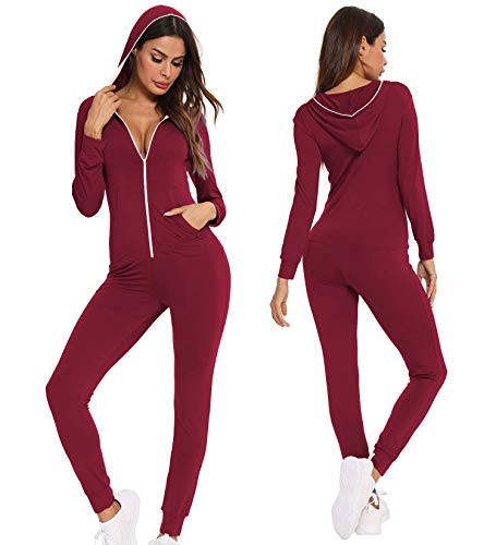 Swomog Women's Casual Outfits Solid Long Sleeve Zip-Up Hoodie Tracksuits Bodycon Jumpsuits Wine Red #TOP13