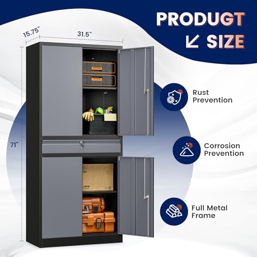 Image of Yizosh Metal Garage Storage Cabinet with Locking Doors and Adjustable Shelves, 71 inch Steel Tool Storage Cabinet with 1 Drawer for Garage,Office,Warehouse (Gray Black)