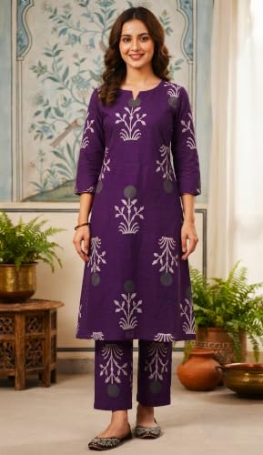 Image of CREATION & YOU Women Cotton Printed Kurta with Palazzo Set | Work /Office Wear Kurta Set for Women