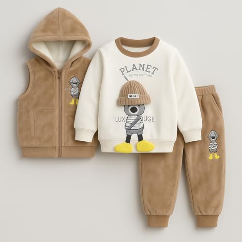 Image of Bold N Elegant Cotton Blend Cute Cartoon Bear Graphics Winter Warm Sweatshirt Hood Jacket And Jogger Pant 3 Pc Layering Clothing Set For Infant Toddler Kids