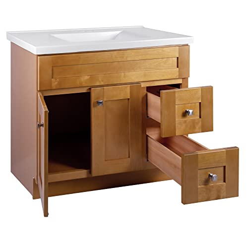 Image of Design House 598029 Brookings Shaker 2-Door 2-Drawer Bathroom Vanity with Cultured Marble 4 inch Centerset Solid White Top, Unassembled, 37x22, Modern Birch