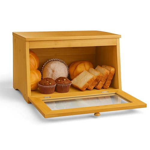 Consejos para Comprar Paneras comprados en linea. 44 Bluelander Panera Bamboo 28 * 38 * 21 cm, Panera de Gran Capacidad, Panara para Pan, Panera de Bambú, Caja de Almacenamiento para Cocina, Pan, Caja de Madera para Pan con Ventana...