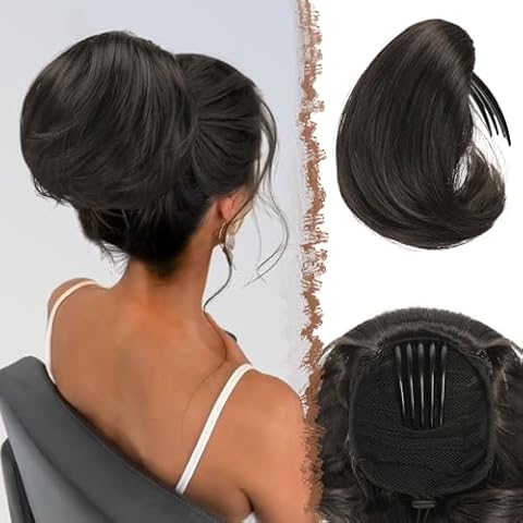 FESHFEN Hair Bun Hairpiece Fully Short Ponytail Bun Natural Black Hair Chignon with Comb Clip Bun Updo Drawstring Bun Synthetic Hair Pieces Extension for Women Cover