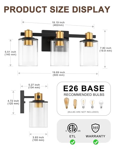 Image of L LOHAS LED Black and Gold Vanity Light, Modern 3-Light Bathroom Light Fixtures with Clear Glass Shade, Vanity Lights for Bathroom Mirror Bedroom Hallway