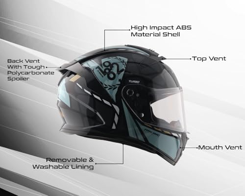 Image of Vega VF 10 Turbo Squad Full Face Riding Helmet with Dual-Tone Design, Shock Absorbing Liner, Lightweight Build, Ventilated Fit, Aerodynamic Design, and Modern Black Grey Styling Black Grey -M