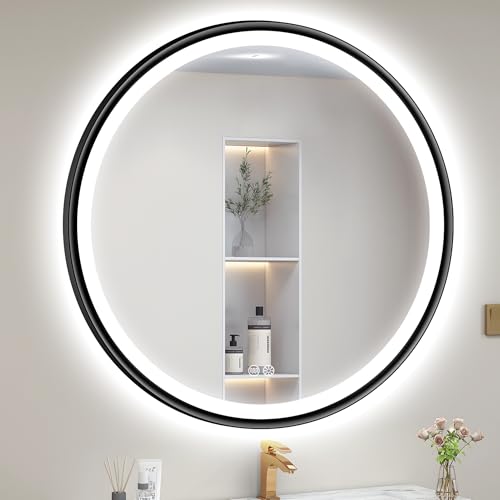 S'bagno 24'' Round Black LED Mirror for Bathroom with Frontlit & Backlit, Metal Frame, Anti-Fog, Stepless Dimmable, 3 Colors Temperature Vanity Mirror