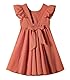 Ugitopi Baby Mädchen Flatterärmel Baumwolle-Leinen Kleid Elastische Taille Schleife Kinder Freizeitkleider (Solid Caramel,130)
