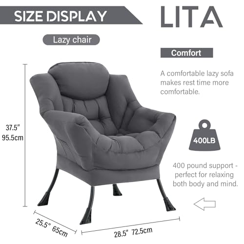 Image of LITA Lazy Chair with Armrests and Side Pocket, Modern Upholstered Accent Reading Chair for Living Room, Bedroom, Dorm, Small Spaces, Single Dark Grey