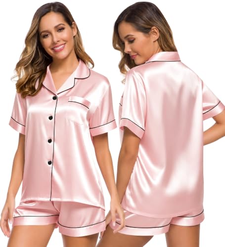 Image of SWOMOG Womens Silk Satin Pajamas Set Short Sleeve Sleepwear Button Down Top and Shorts Loungewear 2 Piece Pjs Set XS-3XL