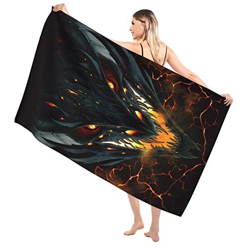 Alifafa Black Fire Dragon Beach Towel – Unique Design With Cool Dragon, Oversized (32”X 52”) Dragon Lover Beach Towels For Adults, Kids - Quick Dry, No-Shrink, Sand Free Travel Towel #TOP23