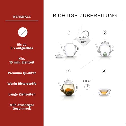 Creano Teeblumen-Mix Geschenkset mit 500ml Teekanne in edler Holzbox mit 6 verschiedenen Sorten ErblühTee (Weißer Tee)