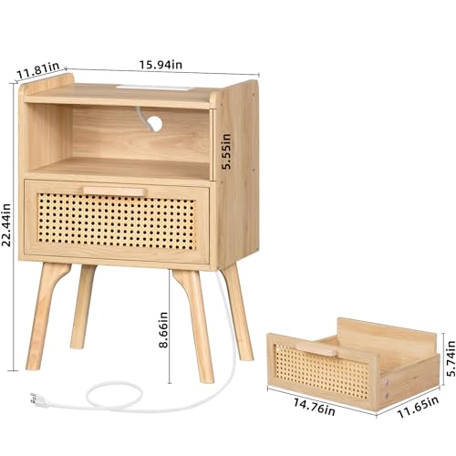 Image of Lerliuo Rattan Nightstands Set of 2 with Charging Station, Boho Night Stand | Handmade Natural Rattan Drawer and Open Shelf, Side End Tables with Solid Wood Legs for Bedroom, Dorm, Small Spaces