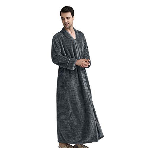 Men's Zip Front Bathrobe, Soft Warm Long Fleece Plush Robe Full Length Housecoat Sleepwear Dressing Gown,Grey-XL