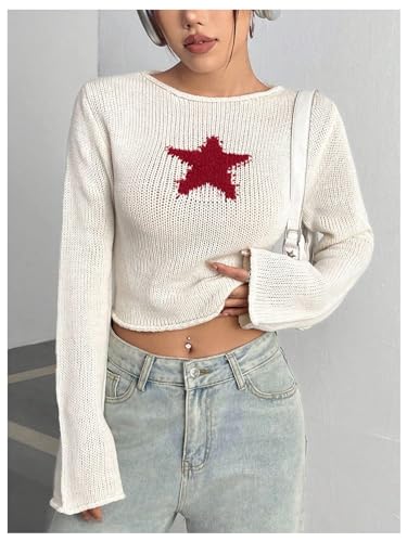 Image of SOLY HUX Women's Y2K Fairy Grunge Jumper Sweater Graphic Long Sleeve Pullover Vintage Knitted Crop Top Apricot Star Medium