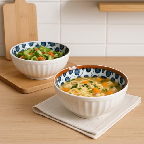 Image of YELONA Ceramic Bowls Set of 6 - 300ml | 11.5cm Japanese Style Serving Bowls with Navy Blue Vine & Berry Pattern | Microwave, Oven, Dishwasher Safe | Lead-Free & Scratch Resistant