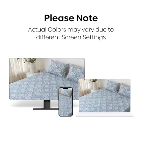 Image of Marrow Lane 300 TC Soft Air Cotton King Size Bedsheet, (108x108 Inches) with 2 Pillow Covers | Ultra Soft, Breathable & Durable | Block Print Floral Design | Blue & White