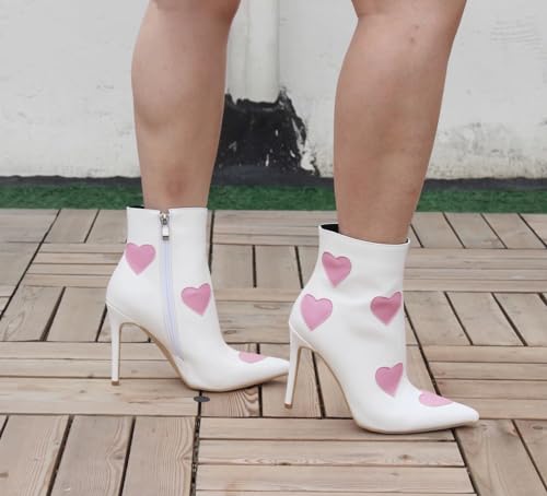Frankie Hsu Women's Luxury Classic Large Size Cute Pink Heart-Shaped White Patent Leather High Heels Ankle Heeled Kitten Boots Bootie Shoes3