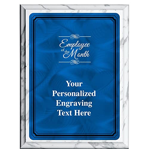 Crown Awards 7"X9" Blue Metal Plate Employee of the Month Plaque, Personalized Employee of the Month White Marbleized Plaque Award with Your Text Blue Plate