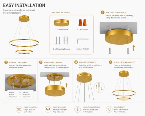 Image of SINOMAN Modern Contemporary Spiral LED 2 Ring Chandelier Hanging Ceiling Pendant Light - Adjustable Height with 3 Color Lighting Modes Ideal for Living Room /Bedroom /Home (Gold)