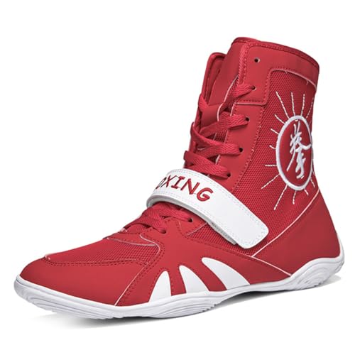 Zapatos De Boxeo Altos Profesionales Transpirables para Entrenamiento De Lucha Libres para Hombre Adulto, Zapatillas De Fitness Antideslizantes,Rojo,46 EU
