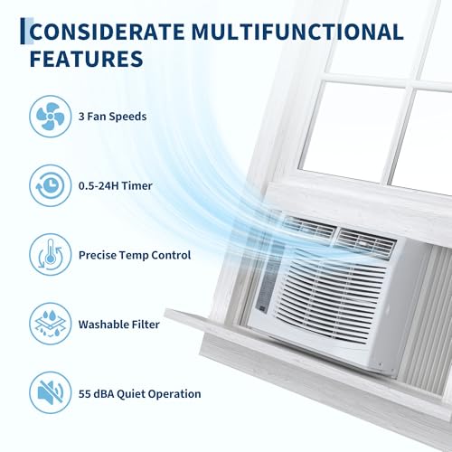 Image of Garvee 6000 BTU Window AC Unit with Remote Control, Cools Rooms up to 250 Sq Ft, 3 Cooling & Fan Speeds Quiet Operation, Digital Display WIFI, Easy Install Kit, for Bedroom, Office