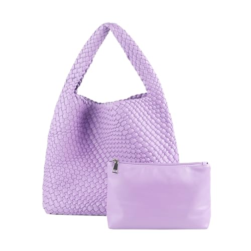 Image of Woven Tote Bag with Small Purses for Women, Vegan Leather Hobo Bags Straw Handbags Large Underarm Shoulder Bag