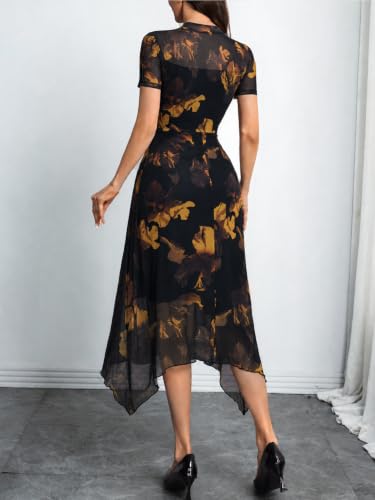 Image of GothDark Women Summer Wedding Guest Floral Mesh Irregular Hem Midi Dress | A-Line, Short Sleeve, Sheer Mesh Overlay, Elegant Vintage Dresses For Party, Semi Formal, Vacation, Dinner, Church